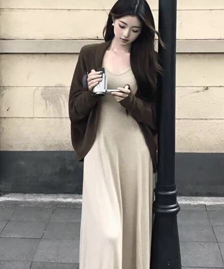 eia 하나 야오 차 향기로운 수 있습니다. 노래 긴팔 여성 드레스 가을 모직물 품격 느긋한 재킷 카키 색 롱 스커트