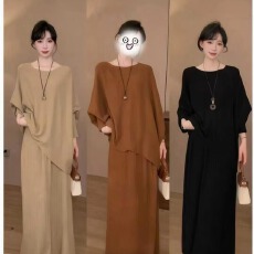 批发<b class='q'>时尚</b>套装女2026秋季新款宽松显瘦蝙蝠袖针织衫百褶半身裙两件套潮