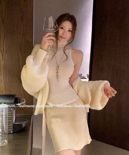 데이트 일기 터틀넥 조끼 스웨터 반신 스커트 순수한 욕망 세트