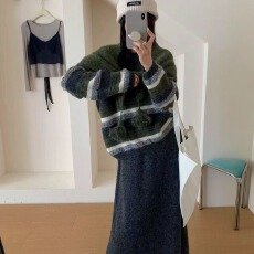 批发条纹针织衫毛衣半身裙披肩三件套2026女秋装显瘦遮肉套装