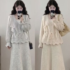 批发法式温柔风V领蕾丝纱网针织半身<b class='q'>裙</b>两件套女秋季收腰气质镂空套装