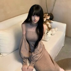 批发温柔慵懒宽松灯笼袖罩衫修身收腰鱼尾针织背心<b class='q'>连衣裙</b>两件套