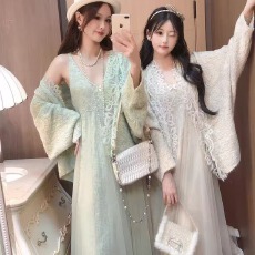 批发甜系少女蕾丝镶边开衫套装V领蝴蝶结吊带网纱长裙显瘦