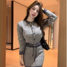 批发小香风套装女早秋季韩系穿搭修身灰色针织开衫毛衣包臀半身短裙子