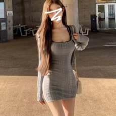 批发6新款灰色吊带针织连衣裙女秋冬韩系穿搭一整套装修身包臀短裙