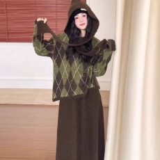 批发<b class='q'>复古</b>菱格毛衣套装女 宽松针织上衣半身<b class='q'>长裙</b>两件套