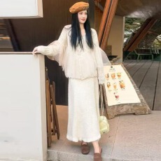 批发高级设计感网纱拼接针织开衫外套女春秋新款中长款毛衣裙两件<b class='q'>套装</b>