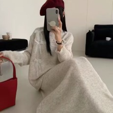 批发韩系温柔甜美风蝴蝶结蕾丝针织<b class='q'>套装</b>女秋冬圆领毛衣高腰半身两件套