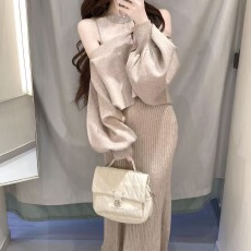 批发法式轻熟风<b class='q'>无袖</b>针织背心连衣裙女修身显瘦包臀长裙叠穿罩衫两件套