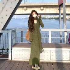 批发森屿苔痕 秋季新款双色围巾毛衣裙女针织<b class='q'>连衣裙</b>内搭a字裙