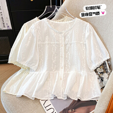 批发法式刺绣短袖衬衫女2026夏季新款<b class='q'>短款</b>圆领上衣