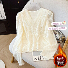 批发V领蕾丝<b class='q'>衬衫</b>女秋冬加绒保暖长袖打底衫设计感小众上衣