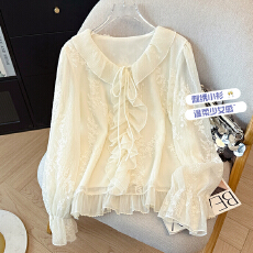 批发V领荷叶边蕾丝<b class='q'>雪纺衫女</b>2026春季新款长袖上衣