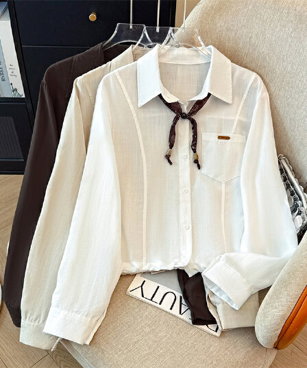 프랑스식 POLO 칼라 스카프 레이스업 긴팔 여성 셔츠 이른 가을 새로운 싱글 줄 버튼 펌프 로프 밑단 디자인 센스 맨위