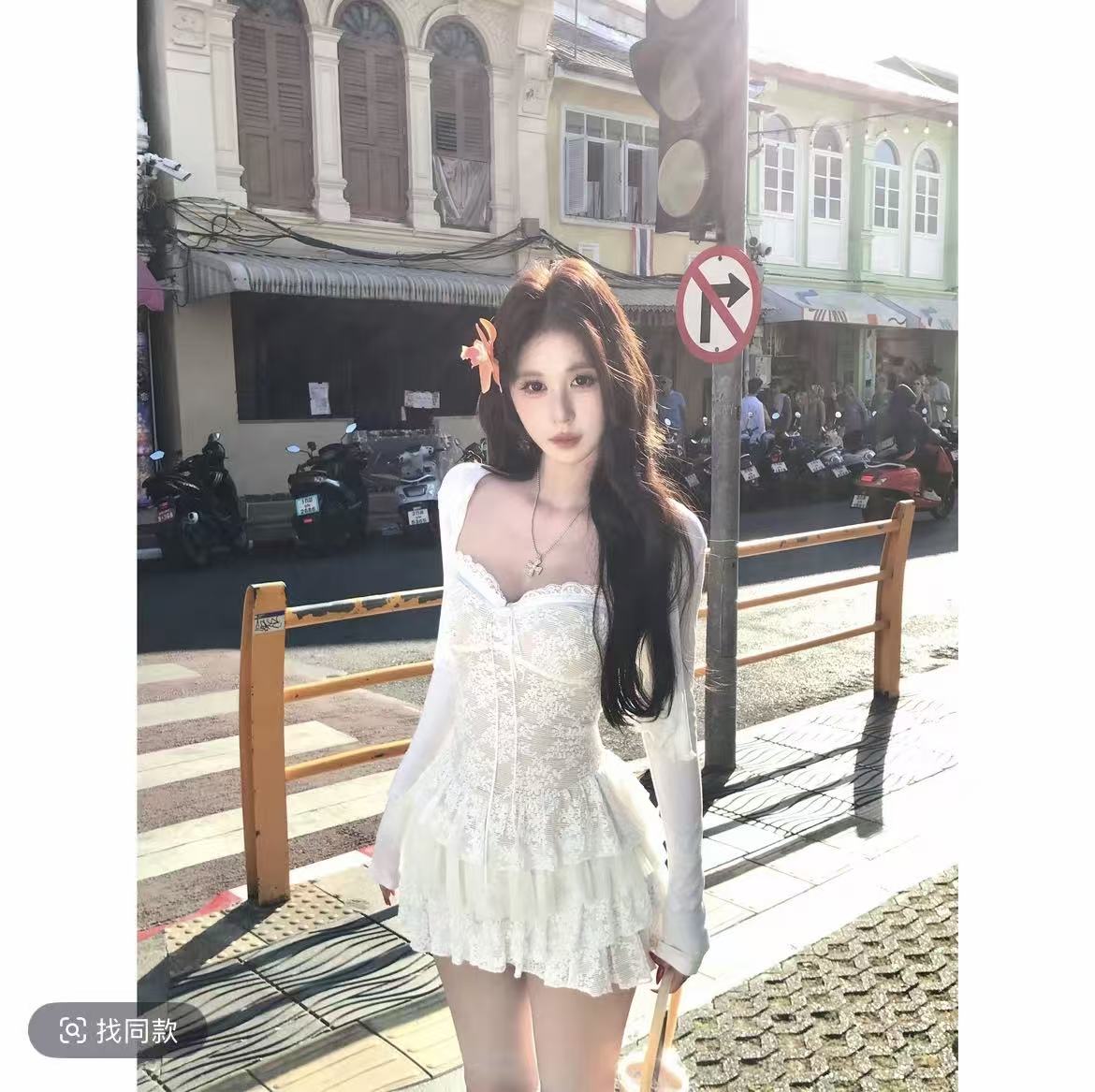 mejiu 구름 팅 밝은 흰색 레이스 섹시함 순수한 욕망 화이트 나비 매듭 패션 디자인 센스 오픈 가디건 드레스