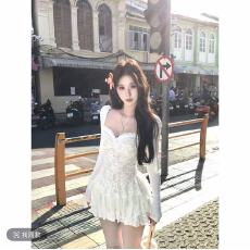 批发Mejiu云汀浅白<b class='q'>蕾丝</b>性感纯欲白色蝴蝶结时尚设计感开衫连衣裙