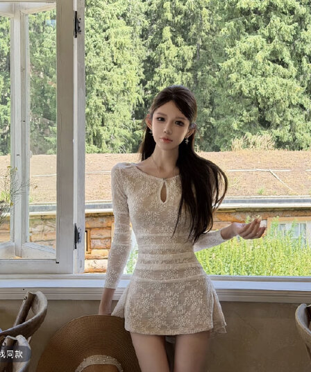 핑크색 丨 얕은 곡물 부드러운 라임 프랑스식 나팔 소매 홀로우 아웃 허리 수축 슬림해 보이는 한 마디 드레스 fh26c3q3039
