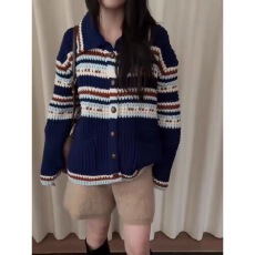 批发慵懒风时尚撞色条纹毛衣开衫女冬季2025新款设计<b class='q'>短</b>款针织外套上衣