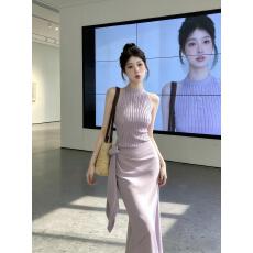 批发韩系套装<b class='q'>女装</b>早春季小个子紫色无袖背心上衣包臀半身长裙子两件套
