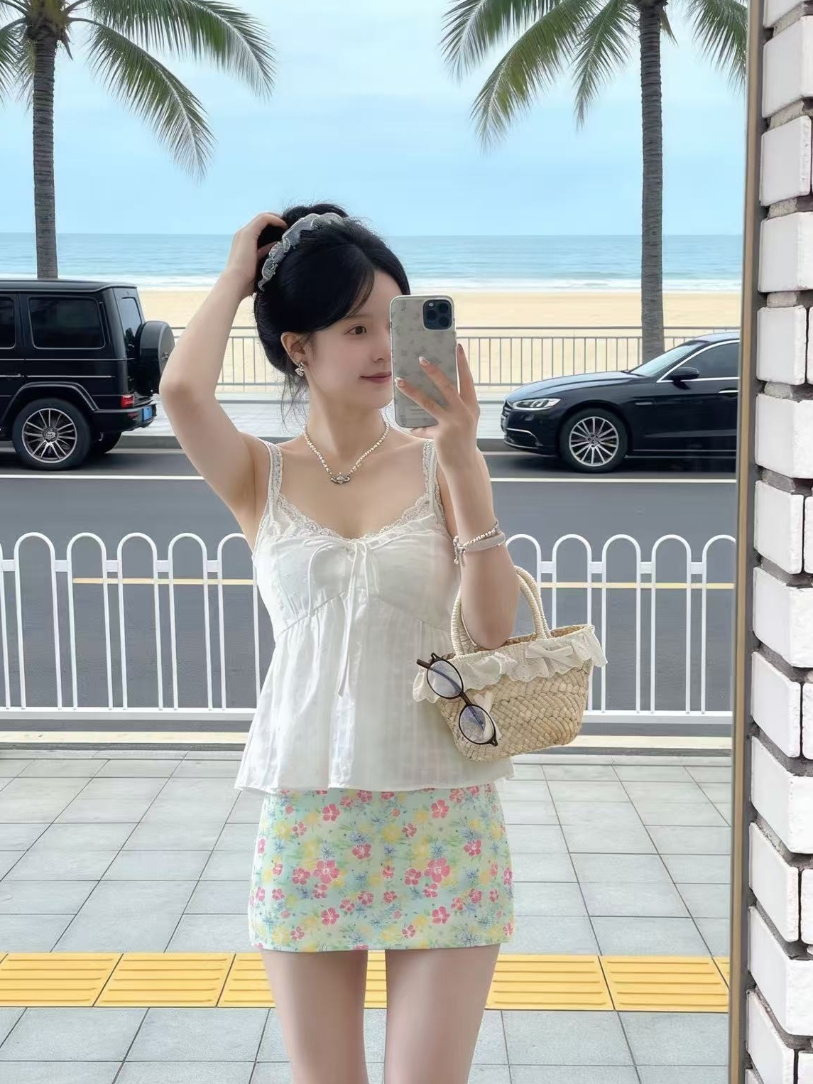 순수한 욕망 바람 V넥 레이스 맨위 새로운 휴가 패션 꽃무늬 달콤함 캐미솔 반신 스커트 투피스 세트