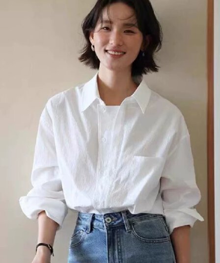 프랑스식 오리지널 화이트 질감 센스 루즈핏 여성 셔츠 가을 품격 느긋한 긴팔 셔츠