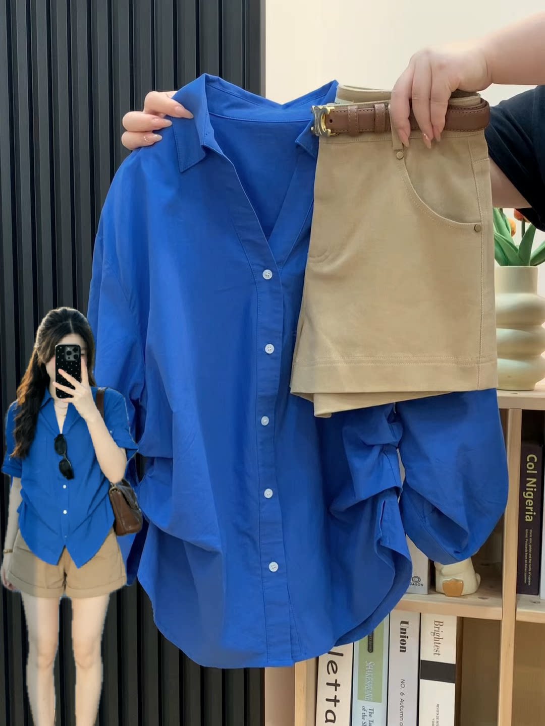 톰 글 래 원인 블루 POLO 칼라 핀치 Pleat 7부 소매 여성 셔츠 여름 디자인 센스 허리 수축 슬림해 보이는 자외선 차단 재킷 맨위