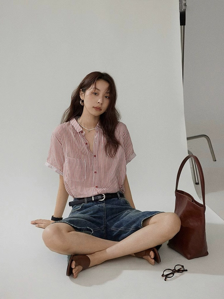고급 센스 배색 스트라이프 통기성 라미 반팔 여성 셔츠 여름 프랑스식 캐주얼 반팔 셔츠