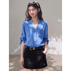 批发高级感克莱因蓝<b class='q'>衬衫女</b>夏法式老钱风休闲宽松棉麻长袖防晒衬衣外套