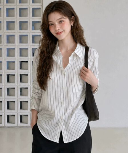 besober 스트라이프 화이트 폴로 칼라 허리 명중 Pleat 여성 셔츠 루즈핏 캐주얼 품격 긴팔 셔츠 맨위 가을