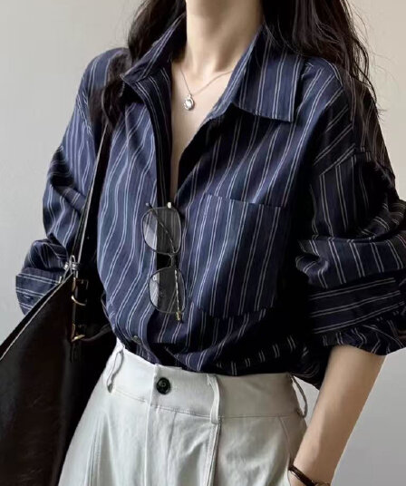 스트라이프 면 100% 긴팔 여성 셔츠 가을 새로운 캐주얼 루즈핏 슬림해 보이는 도루 센스 고급 센스 맨위