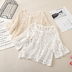 批发实拍镂空短款五分袖<b class='q'>罩衫</b>上衣新款2025棉质宽松绣花女式<b class='q'>蕾丝</b>衫外搭