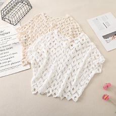 批发实拍度假风纯色针织T恤衫<b class='q'>大码</b>女装勾花镂空圆领套头蝙蝠袖防晒衣