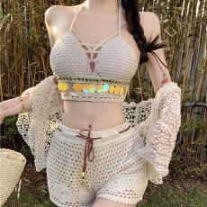 批发三件套波西米亚民族风镂空刺绣针织女装休闲度假海边沙滩清凉款
