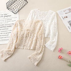 批发实拍 复古海边度假风镂空钩花系带长袖<b class='q'>罩衫</b>开衫短款上衣外套