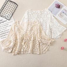 批发实拍镂空防晒罩衫女<b class='q'>夏季</b>大码胖mm高级设计感蕾丝钩花上衣外搭披肩