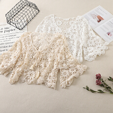 批发实拍大码镂空蕾丝V领针织小衫女 2025年春夏新款宽松五分<b class='q'>袖</b><b class='q'>上衣</b>