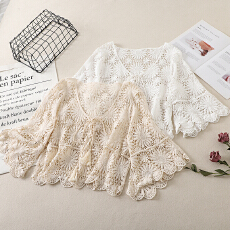 批发实拍镂空外搭针织<b class='q'>罩衫</b>女2026夏法式设计感系带V领薄款防晒衫上衣