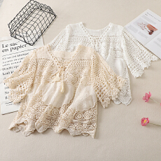 批发实拍镂空外搭针织<b class='q'>罩衫</b>女2026夏法式设计感系带V领薄款防晒衫上衣