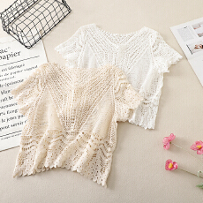 批发实拍波西米亚风v领镂空短袖针织衫女<b class='q'>夏季</b>网格防晒罩衫民族风上衣