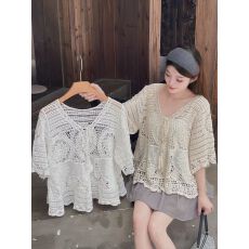 批发波西米亚钩花镂空针织衫<b class='q'>女</b>夏季宽松气质叠穿系带流苏防晒罩衫上衣