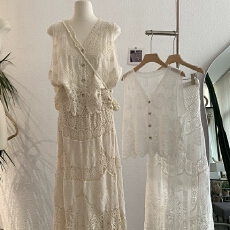 批发御姐气质女神范白色套装女2025<b class='q'>夏季</b>新款镂空蕾丝背心半身裙两件套