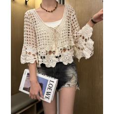 批发度假风<b class='q'>镂空</b>钩花<b class='q'>针织</b>衫女2025夏季喇叭袖套头系带<b class='q'>罩衫</b>宽松百搭上衣