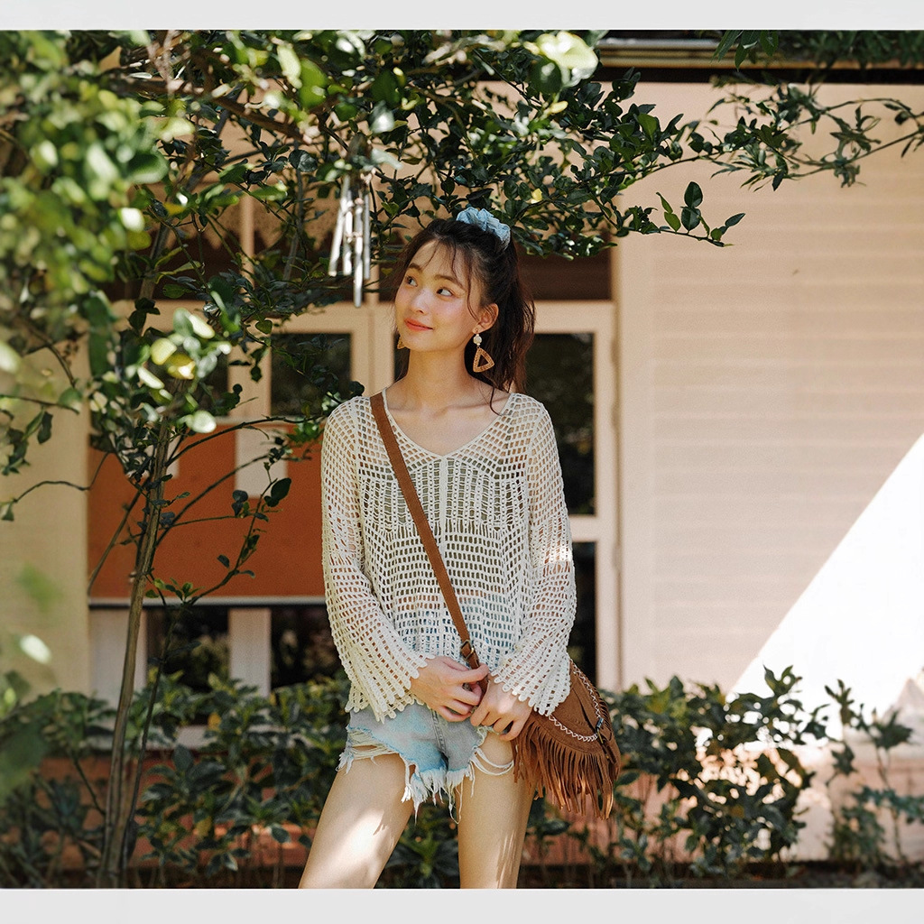 여름 풀오버 자외선 차단 홀로우 아웃 얇은 스타일 니트 스웨터 보헤미안 바람 V넥 슬림해 보이는 느긋한 바람 휴가 블라우스