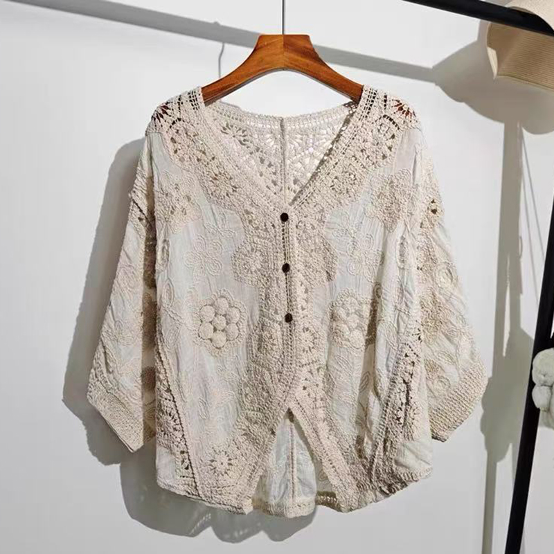 휴가 바람 자수 홀로우 아웃 V넥 자외선 차단 카디건 코트 2026 봄 여름 빅 사이즈 불규칙 7부 소매 박쥐 셔츠