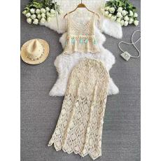 批发海边度假时尚套装女<b class='q'>甜美</b>钩花镂空吊带背心两件套高腰中长款半身裙