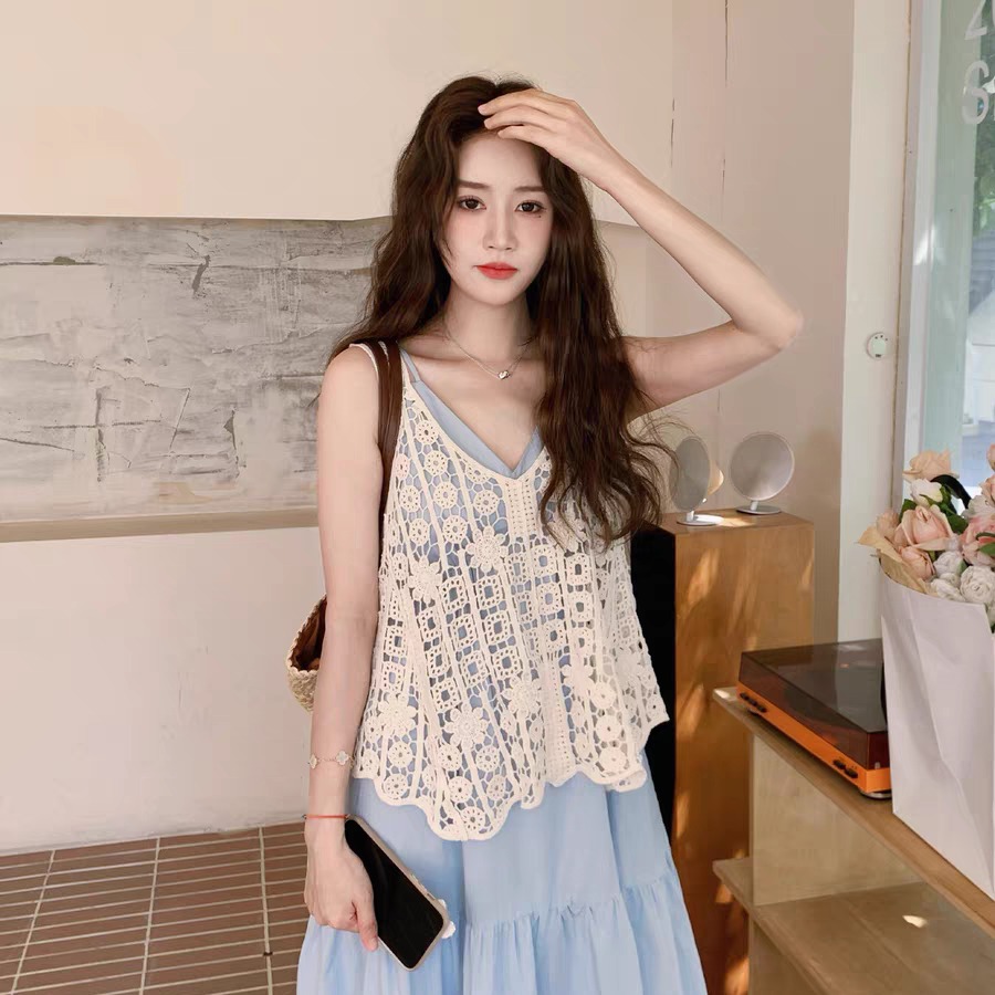 보헤미안 자수 홀로우 아웃 캐미솔 여름 스택 착용 외부 가져 가라. V넥 베스트 어깨 루즈핏 맨위 얇은