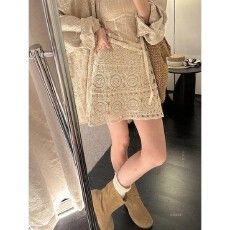 批发韩国小众设计钩花镂空半身裙夏季海边度假高腰包臀短裙针织百搭裙