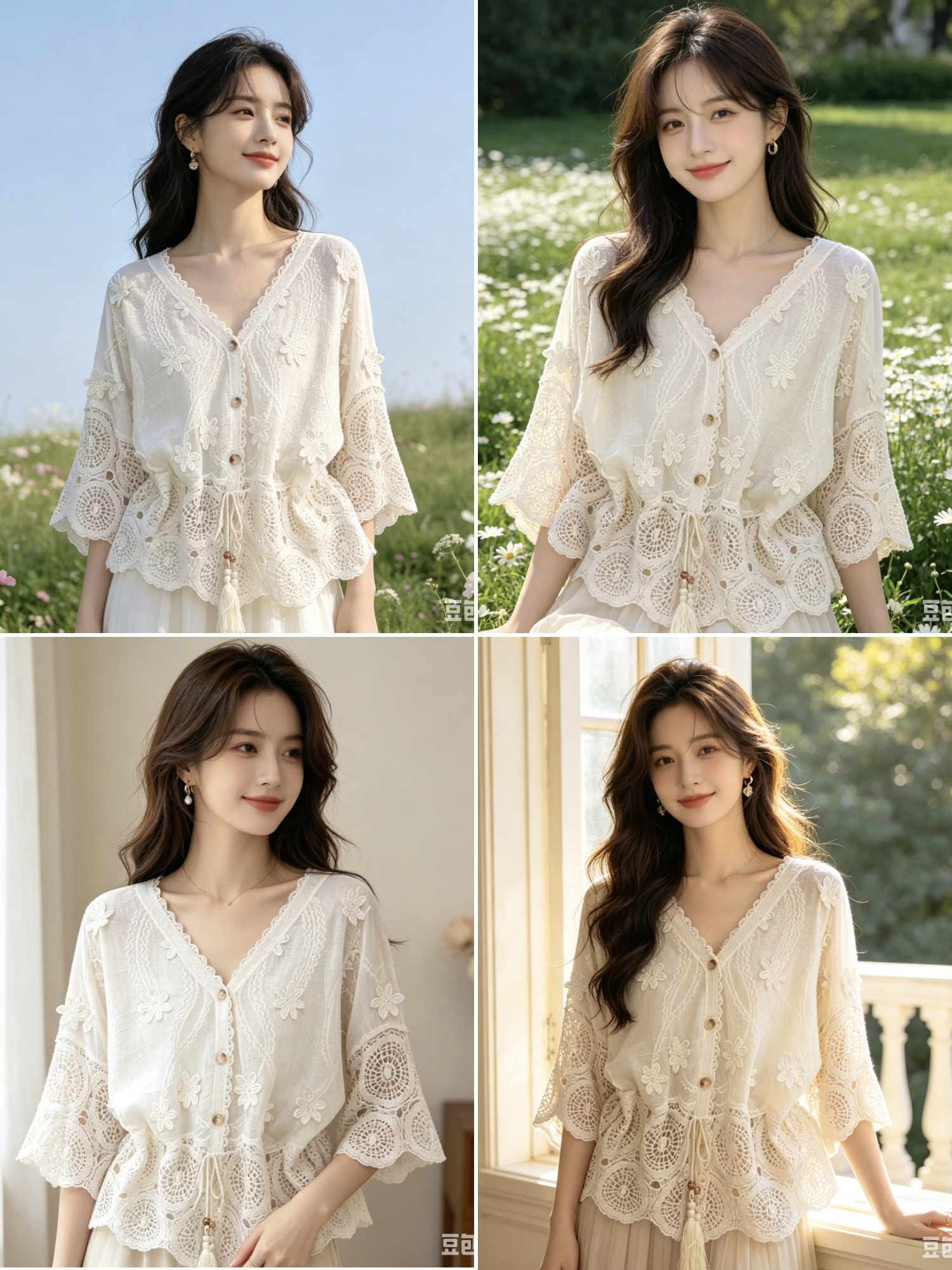 센 부서 홀로우 아웃 자수 V넥 오픈 가디건 여성 여름 새로운 루즈핏 디자인 센스 레이스 얇은 스타일 외부 가져 가라. 자외선 차단 블라우스