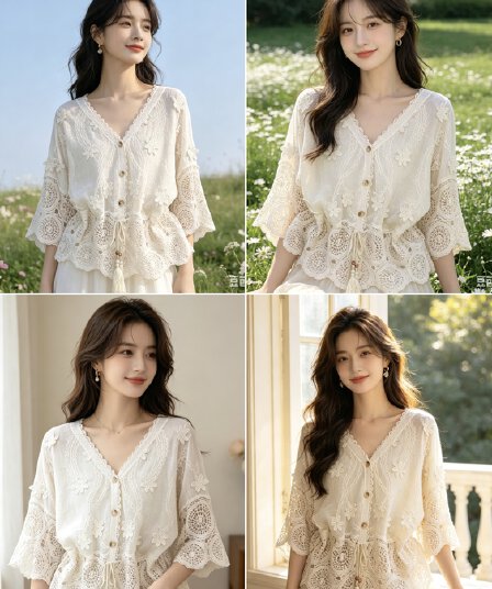 센 부서 홀로우 아웃 자수 V넥 오픈 가디건 여성 여름 새로운 루즈핏 디자인 센스 레이스 얇은 스타일 외부 가져 가라. 자외선 차단 블라우스