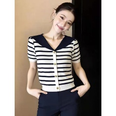 批发海军领<b class='q'>条纹</b>拼色<b class='q'>针织衫</b>开衫外套女装新款春秋长袖毛衣黑白撞色上衣